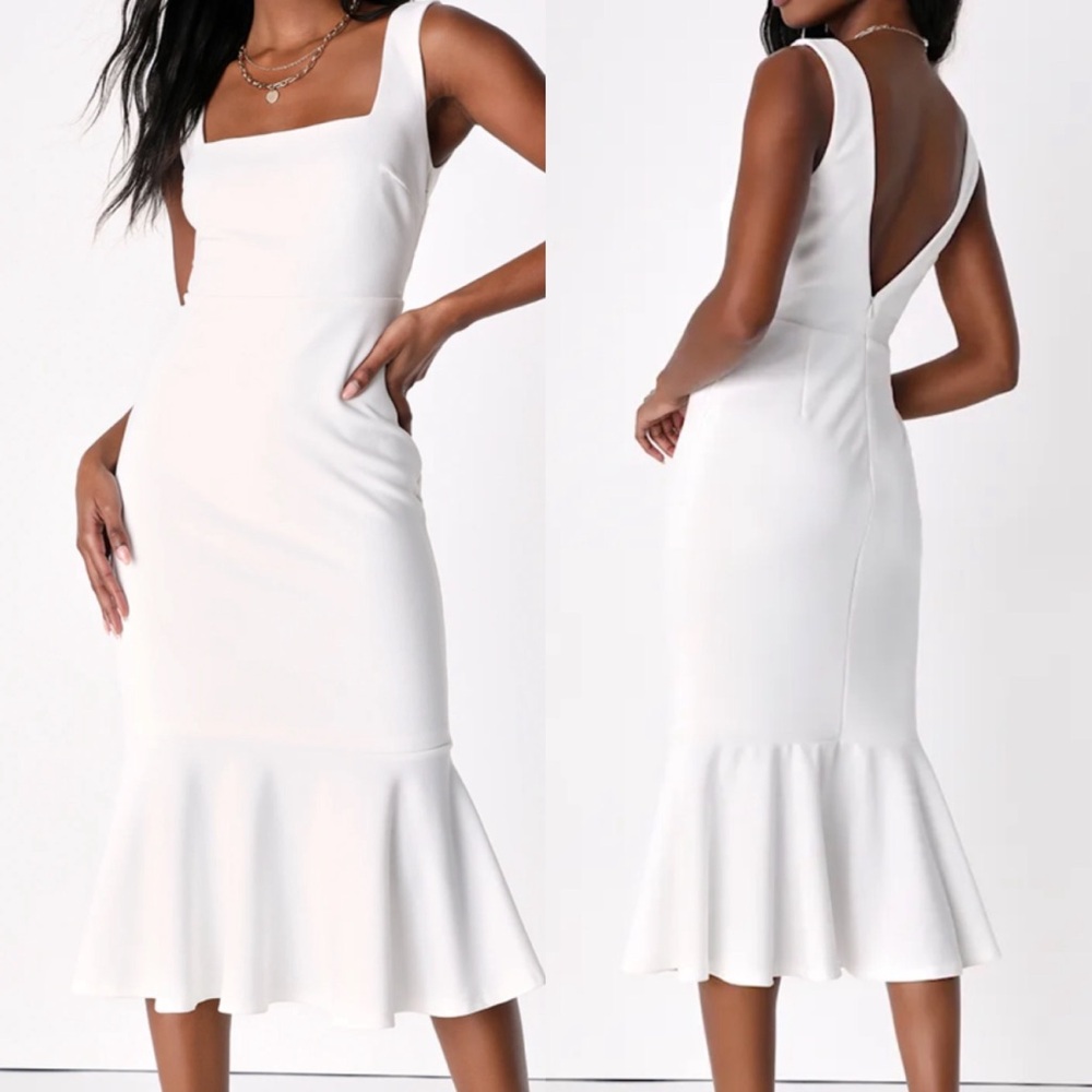LULUS Moment Maker White Square Neck Trumpet Midi Dress
